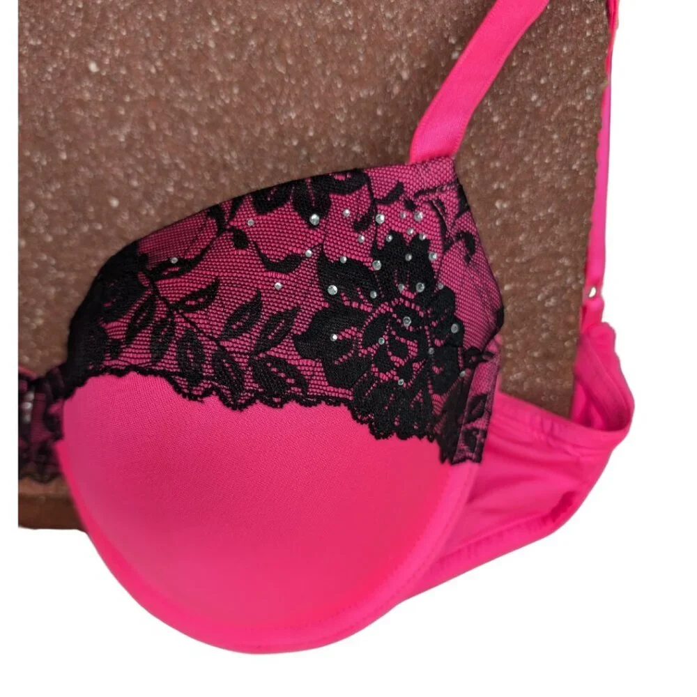 38 D Hot Pink Black Lace Underwire Rhinestone Detail - Picture 3 of 6